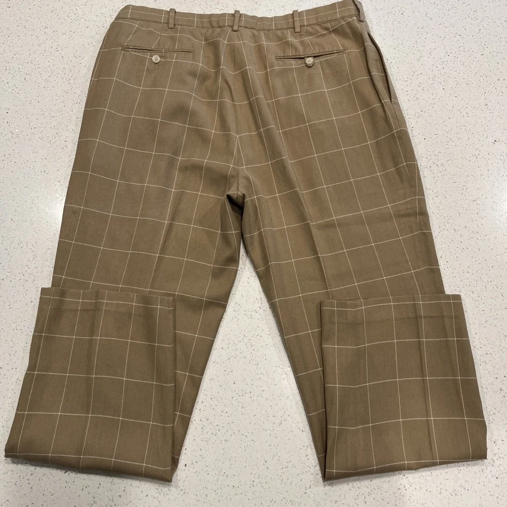 Polo Golf  Pants Mens 38/33 Brown Windowpane Pleated Wool Silk Cotton